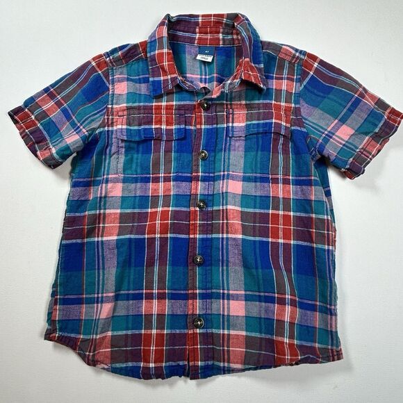 Old Navy Other - Old Navy Retro Shirt Short Sleeve Linen Cotton Plaid Red Blue Pockets Boys 4T